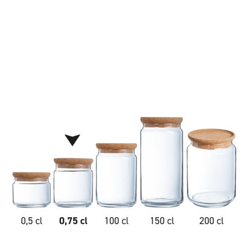 Serie glazen potten van 0,75 liter met kurken deksel, weergegeven als productoverzicht.