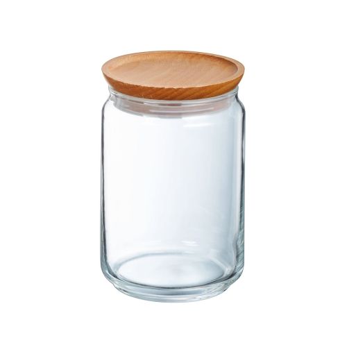 Glazen voorraadpot van 1 liter met houten deksel, transparante bewaarpot in helder vooraanzicht.