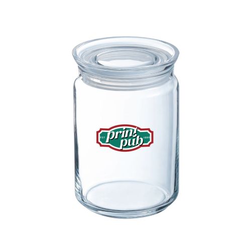 Glazen pot van 1 liter met deksel en PrintPub-logo in meerdere kleuren op het vooraanzicht.