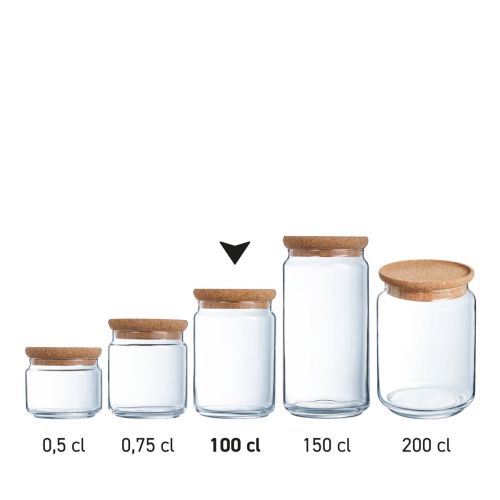 Serie glazen potten van afmetingen met kurken deksel, weergegeven als productoverzicht.