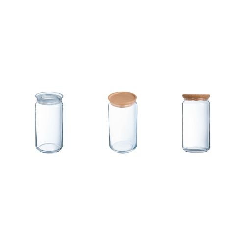 Overzicht van glazen potten van 1,5 liter met deksels in verschillende varianten, transparant voorraadglas in assortimentsbeeld.