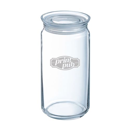 Glazen pot van 1,5 liter met gegraveerd PrintPub-logo op de voorkant, transparant voorraadglas met gravure.