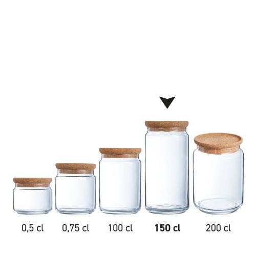 Serie glazen potten met kurken deksel naast elkaar, transparant voorraadglas in lijnopstelling.