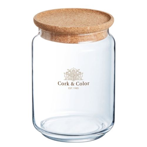 Glazen pot van 2 liter met CorkColor-logo in kleur op de voorkant, transparant voorraadglas met bedrukking.