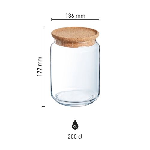 Infographic met afmetingen van een glazen pot van 2 liter met deksel, transparant voorraadglas in overzicht.