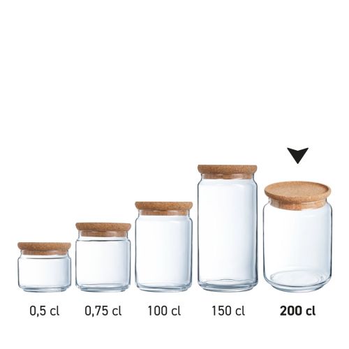 Serie glazen potten met kurken deksel naast elkaar, transparant voorraadglas in uniforme opstelling.