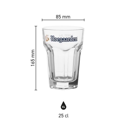 Infographic met productafmetingen van het Hoegaarden bierglas 25 cl in glas, inclusief hoogte en diameter.