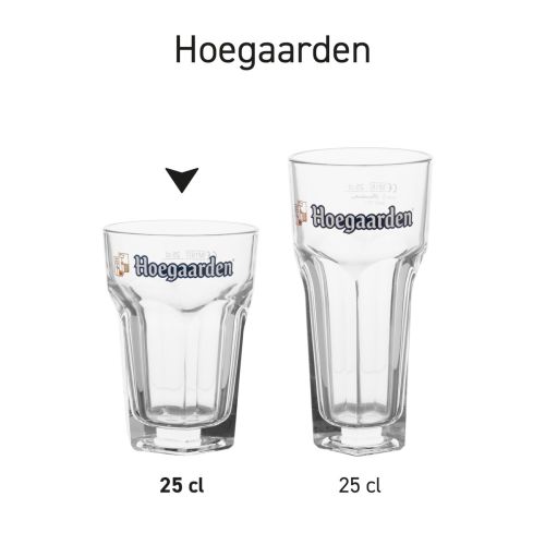 Serie van Hoegaarden bierglazen van 25 cl in helder glas, naast elkaar weergegeven als productoverzicht.