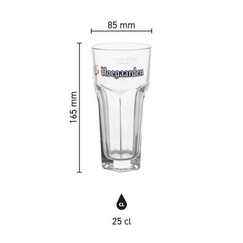 Infographic met productafmetingen van Hoegaarden longdrinkglas 25 cl in glas, inclusief hoogte en diameter.