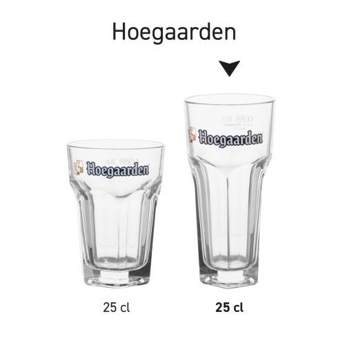 Serie van Hoegaarden glazen 25 cl. in helder glas, naast elkaar geplaatst als overzicht van meerdere glazen.