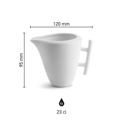 Infographic met productafmetingen van de porseleinen kan Squito 23 cl. inclusief hoogte en diameter.