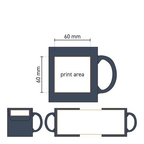 Technical working drawing of Kitty mug matt 35 cl. porcelain with printing area in outline.
