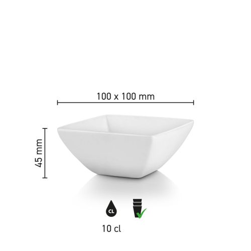 Vierkante Squito kom 10 cm van porselein met infographic van productafmetingen.