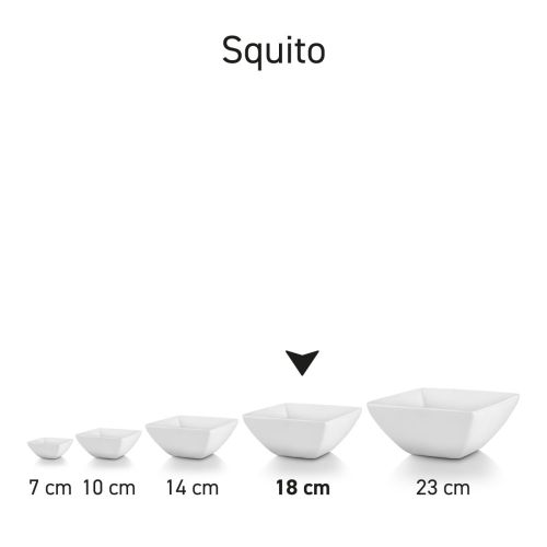 Serie van vierkante Squito kommen in porselein, overzicht van meerdere exemplaren met verschillende inhoudsmaten samen.