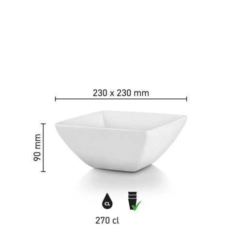 Infographic showing dimensions of the bowl square Squito 23 cm in porcelain.