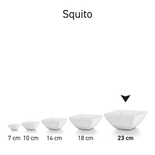 Series of square Squito bowls in porcelain, overview of several specimens with different capacity sizes together.