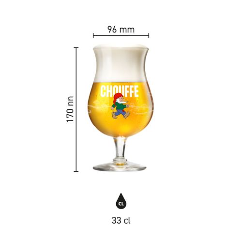 Infographic van La Chouffe bierglas 33 cl met productafmetingen en duidelijke aanduiding van hoogte en diameter in glasformaat