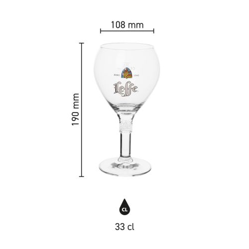 Infographic van Leffe bierglas 33 cl in glas met afmetingen zoals hoogte en diameter overzichtelijk weergegeven.
