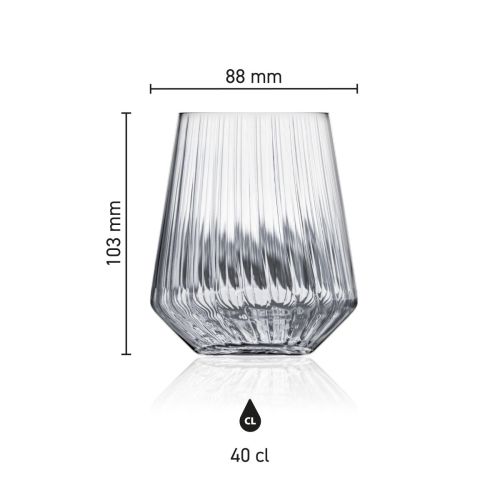 Infographic met afmetingen van Melody lines tumbler glas 40 cl. inclusief hoogte en diameter.