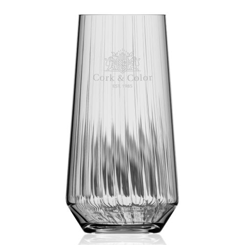 Melody lines tumbler 45 cl. glass with front view of engraved CorkColor logo just below the rim.