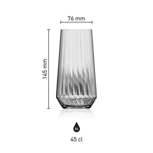 Infographic showing product dimensions of Melody lines tumbler 45 cl glass including diameter and height.