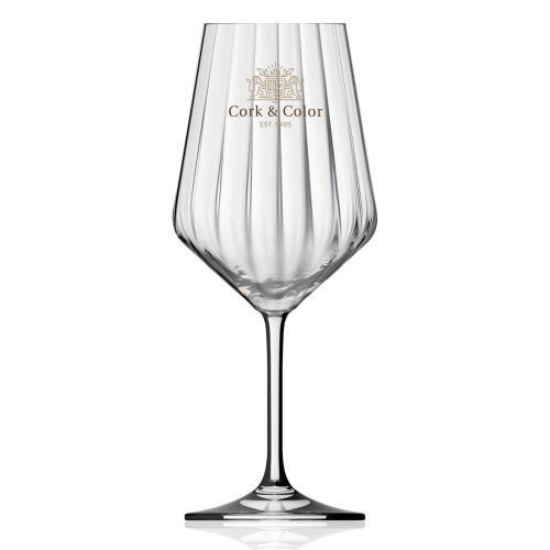 Glass Melody lines wine glass 53 cl. with CorkColor logo in multiple colours, visible on the front of the chalice.