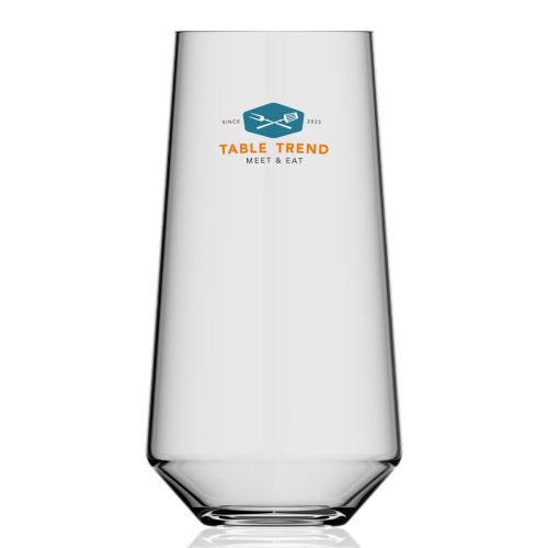 Glass Melody tumbler 45 cl. with multi-coloured TableTrend logo on the front, clearly centred.