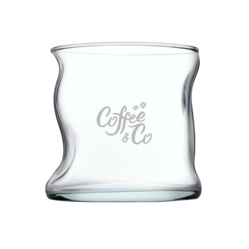Front view Nami Matcha glass with engraved CoffeeCo logo, transparent matcha glass with subtle engraving in glass.