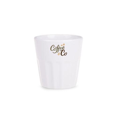 Noble beker 9 cl van porselein met meerkleurig CoffeeCo logo op voorzijde.