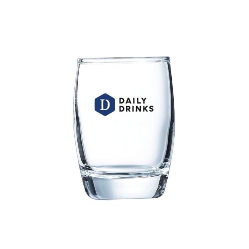 Salto borrelglas 6,5 cl van glas met meerkleurig logo van DailyDrinks op het vooraanzicht.