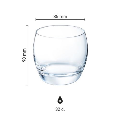 Infographic met productafmetingen van de Salto tumbler 32 cl in glas, inclusief hoogte en diameter.