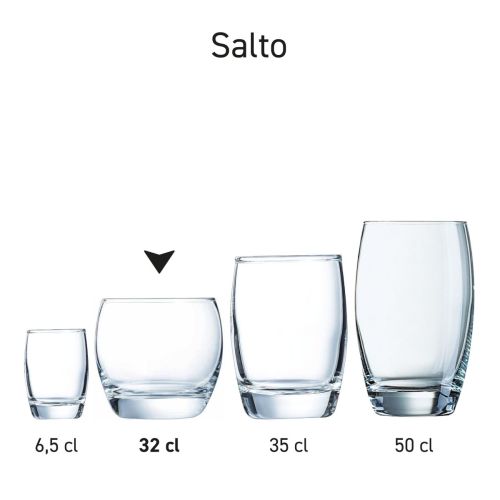 Salto tumbler 32 cl van helder glas getoond als glaswerk serie met meerdere identieke tumblers naast elkaar.