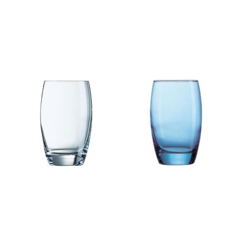 Overzicht van Salto Tumbler 35 cl. glas kleurvarianten met verschillende glasafwerkingen.