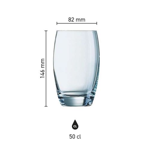 Infographic met productafmetingen van Salto Tumbler 50 cl glas inclusief hoogte en diameter.