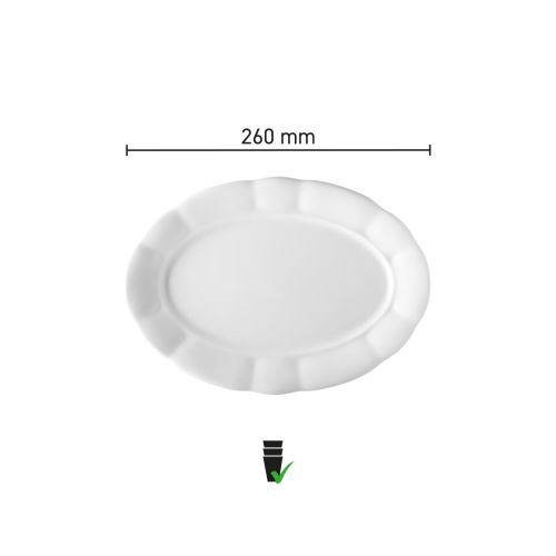 Infographic met productafmetingen van schaal Bernice 26 cm in wit porselein.