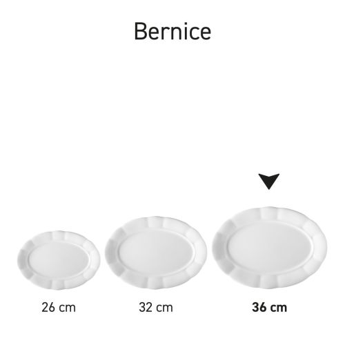 Serie van Bernice schalen 36 cm in porselein overzichtelijk naast elkaar opgesteld.