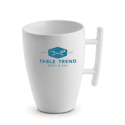 Squito mug 30 cl made of porcelain with TableTrend logo in one colour on the front view.