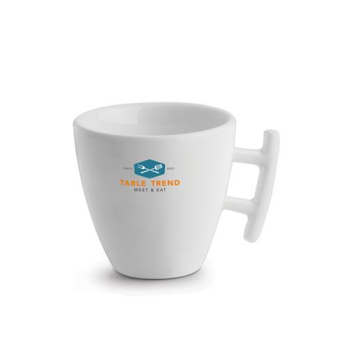 White Squito cup17 cl. in porcelain with multicoloured TableTrend logo on the front face.