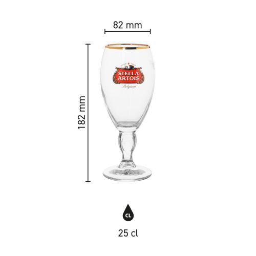 Infographic van Stella Artois bierglas 25 cl in glas met afmetingen zoals hoogte en diameter duidelijk.