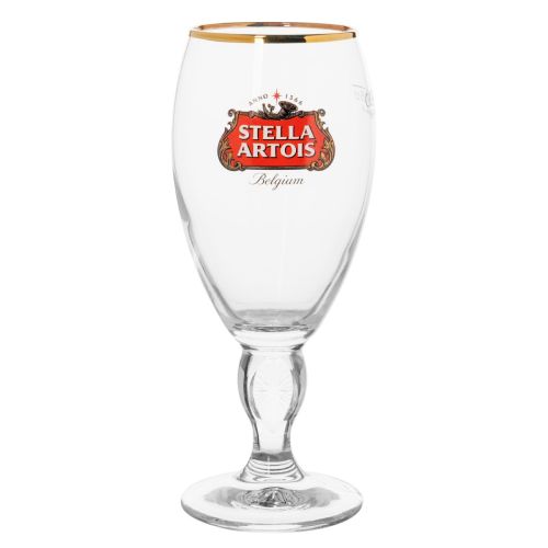 Transparant Stella Artois bierglas van 25 cl met logo en slanke kelkvorm in helder glas.