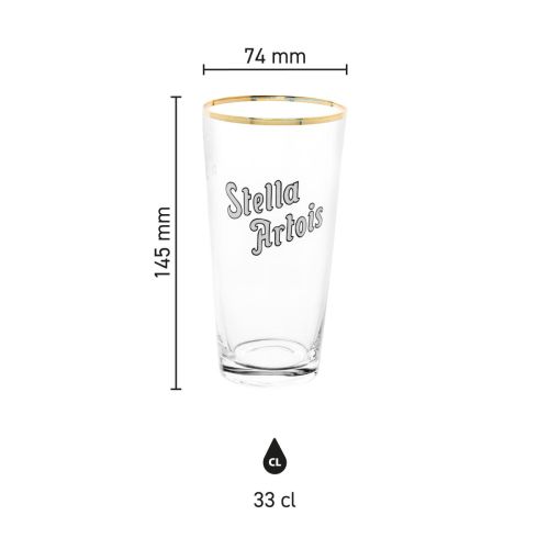 Infographic van Stella Artois boerke glas 33 cl met afmetingen zoals hoogte en diameter weergegeven.