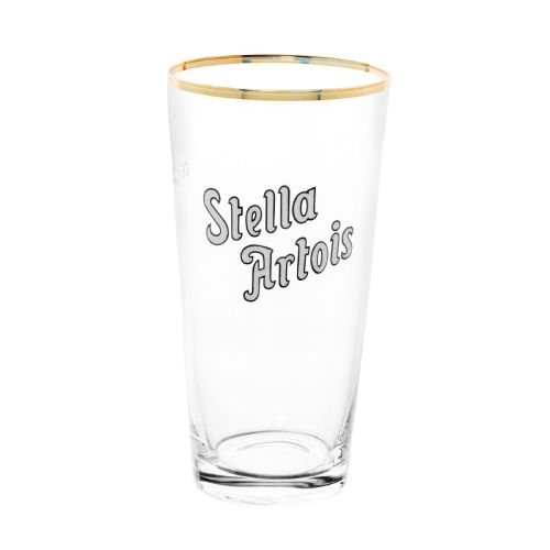 Transparant Stella Artois boerke glas van 33 cl met logo en bolvormig ontwerp in helder glas.