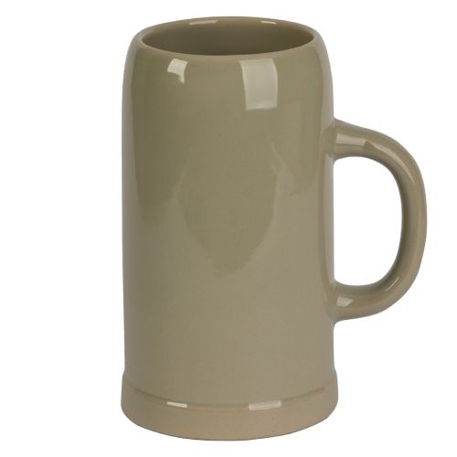 Vooraanzicht van stenen bierpul 1 liter van aardewerk met robuuste vorm en klassieke bierpul voor grote bierporties.