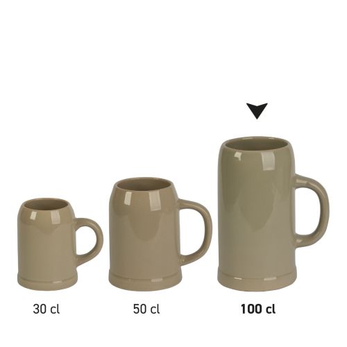 Serie stenen bierpullen van aardewerk met verschillende inhoudsmaten naast elkaar gepresenteerd als productoverzicht.