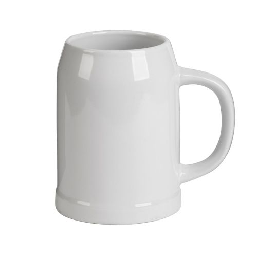 Vooraanzicht van witte stenen bierpul 50 cl. van aardewerk met robuuste vorm, klassieke bierpul voor serveren van bier.