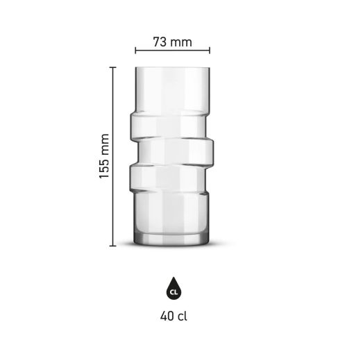 Infographic van The Glitch longdrink glas 40 cl met afmetingen zoals hoogte en diameter overzichtelijk.