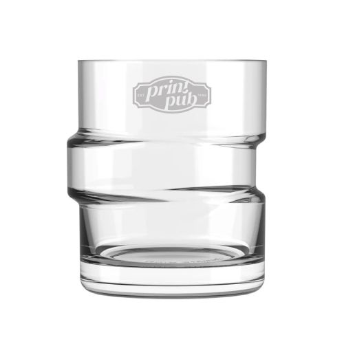 Transparent The Glitch tumbler glass 35.5 cl with engraved PrintPub logo on the front.