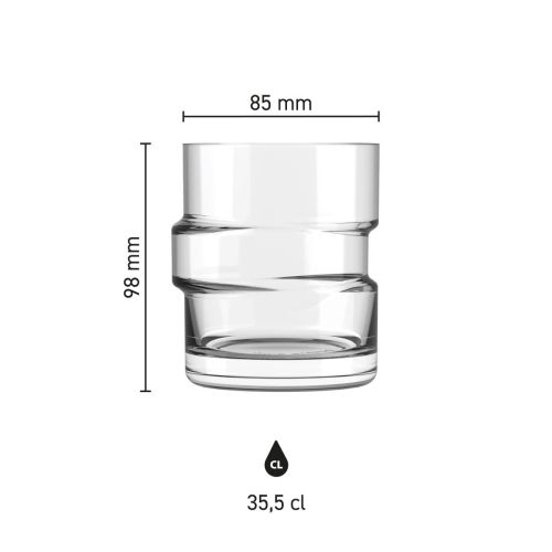 Infographic of The Glitch tumbler glass 35.5 cl. with clear representation of height and diameter.