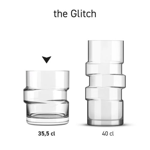 Series of The Glitch tumbler glasses in transparent glass, presented side by side.
