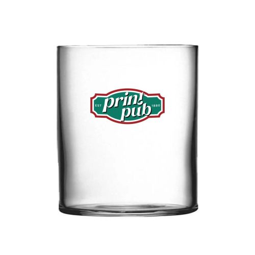 Top Class tumbler glas van 37 cl met PrintPub-logo in kleur op de voorkant, transparant drinkglas met bedrukking.
